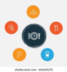 Eating Icons Set. Collection Of Closed Placard, Meal Hour, Stick Batbecue And Other Elements. Also Includes Symbols Such As Booking, Coffee, Knife.