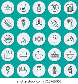 Eating Icons Set. Collection Of Closed Placard, Hooch, Alcohol Forbid And Other Elements. Also Includes Symbols Such As Map, Soda, Restaurant.
