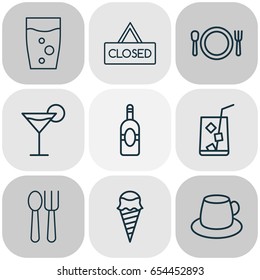 Eating Icons Set. Collection Of Coffee Cup, Dessert, Cutlery And Other Elements. Also Includes Symbols Such As Juice, Martini, Cutlery.