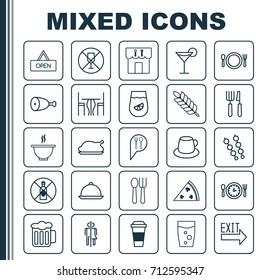 Eating Icons Set. Collection Of Coffee Cup, Lemonade, Wheat And Other Elements. Also Includes Symbols Such As Cafe, Knife, Pepperoni.