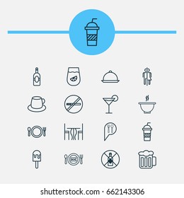 Eating Icons Set. Collection Of Dining, Check In, Cocktail And Other Elements. Also Includes Symbols Such As Prohibited, Restroom, Restrict.