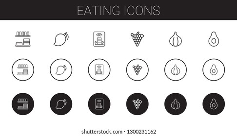 eating icons set. Collection of eating with dinnerware, mango, hotel, grapes, fig, banana. Editable and scalable eating icons.