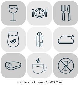 Eating Icons Set. Collection Of Fork Knife, Steak, Lemonade And Other Elements. Also Includes Symbols Such As Glassware, Knife, Meat.