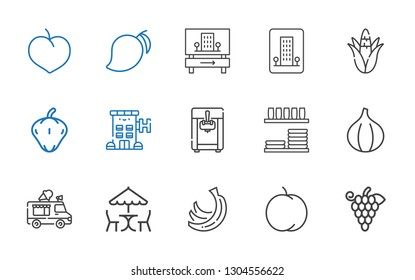 Eating Icons Set. Collection Of Eating With Grapes, Peach, Bananas, Picnic, Ice Cream Truck, Fig, Dinnerware, Ice Cream Machine, Hotel, Pepper. Editable And Scalable Eating Icons.