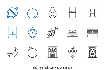 eating icons set. Collection of eating with ice cream machine, grape, hotel, tangerine, banana, dinnerware, pepper, fridge, peach, nut. Editable and scalable eating icons.