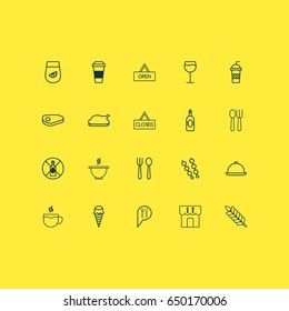 Eating Icons Set. Collection Of Steak, Check In, Dessert And Other Elements. Also Includes Symbols Such As Lemonade, Coffee, Open.