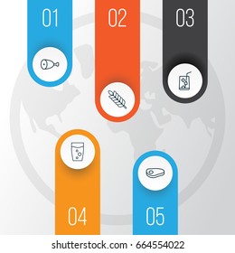 Eating Icons Set. Collection Of Steak, Wheat, Lemon Juice And Other Elements. Also Includes Symbols Such As Lemonade, Steak, Glass.