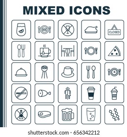 Eating Icons Set. Collection Of Stick Batbecue, Alcohol Forbid, Lemonade And Other Elements. Also Includes Symbols Such As Toilet, Eating, Restroom.