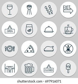 Eating Icons Set. Collection Of Stick Barbecue, Meal Hour, Wineglass And Other Elements. Also Includes Symbols Such As Pint, Prohibited, Table.