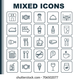 Eating Icons Set. Collection Of Tea, Check In, Platter And Other Elements. Also Includes Symbols Such As Dinning, Platter, Grill.