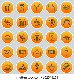 Eating Icons Set. Collection Of Wheat, Board, Cutlery And Other Elements. Also Includes Symbols Such As Cup, Pint, Chair.