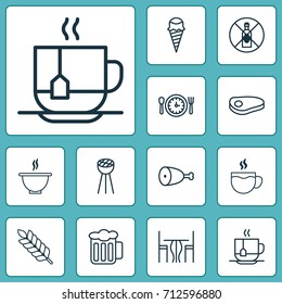 Eating Icons Set. Collection Of Wheat, Grill, Fried Poultry And Other Elements. Also Includes Symbols Such As Sundae, Coffee, Bowl.