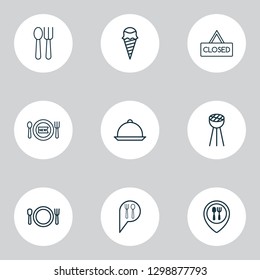 Eating icons set with restaurant location, spoon with fork, ice cream and other stainless elements. Isolated vector illustration eating icons.