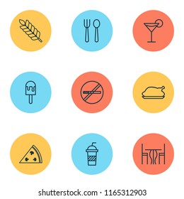 Eating icons set with table, plant, soft drink and other cocktail elements. Isolated vector illustration eating icons.