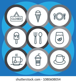 Eating icons set with tea, silverware, soft drink and other sorbet elements. Isolated vector illustration eating icons.