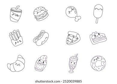 eating images drawn by hand. Cute Doodle food elements. Doodle sketch style circle