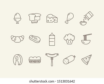 Eating line icons. Set of line icons. Sausage on fork, steak, slice of pizza. Food concept. Vector illustration can be used for topics like meals, eating, nourishment