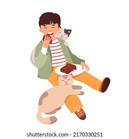 Eating little boy with his cats. Cheerful animal friendship, pet owner love, kitten lover, playful funny time vector illustration