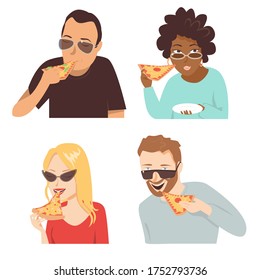 
Eating, men and women with glasses sitting and eating pizza. Stay at home. Takeaway food. vectors, cartoon illustration. Isolated on a white background.