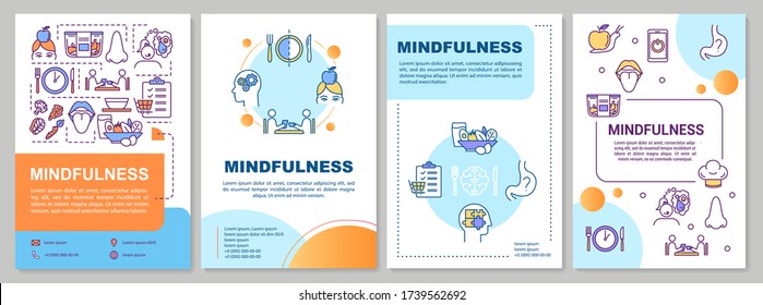 Eating mindfulness brochure template. Healthy nutrition habits. Flyer, booklet, leaflet print, cover design with linear icons. Vector layouts for magazines, annual reports, advertising posters