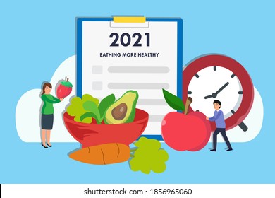 Concepto vectorial de resolución más saludable de alimentación: Pareja preparando frutas y verduras frescas para comer más saludable resolución en el año nuevo 2021