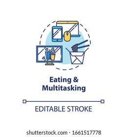 Eating and multitasking concept icon. Conscious nutrition, binge eating idea thin line illustration. Mindless food consumption. Vector isolated outline RGB color drawing. Editable stroke