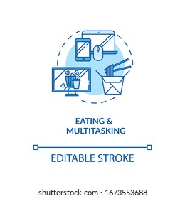 Eating and multitasking concept icon. Conscious nutrition, binge eating idea thin line illustration. Mindless food consumption. Vector isolated outline RGB color drawing. Editable stroke