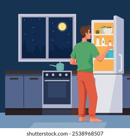 Comer à noite. A ilustração vetorial em estilo plano representa uma pessoa em uma cozinha noturna. Eles são iluminados pelo luar enquanto abrem uma geladeira cheia de vários itens, incluindo garrafas e vegetabe