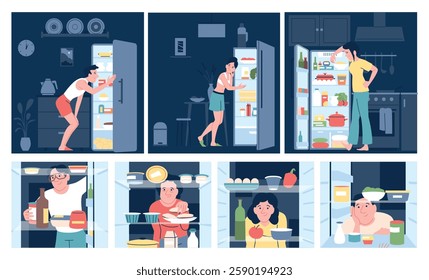 Eating at night on kitchen. Last evening dinner, eat disorder and insomnia. Unhealthy lifestyle, people looking food snacks in fridge, recent vector scenes