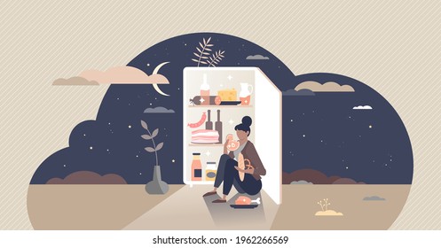 Eating at night as unhealthy food hunger habit after midnight tiny person concept. Mental problem and overeating addiction lifestyle vector illustration. Open fridge and female with appetite behavior.
