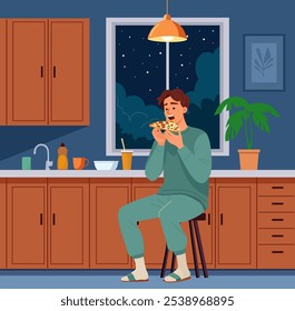 Comer à noite. A ilustração em um plano vetorial mostra uma pessoa de pijama verde sentada em um banquinho em uma cozinha à noite, comendo uma fatia de pizza. A cozinha tem armários de madeira, uma pia, uma planta e uma vitória