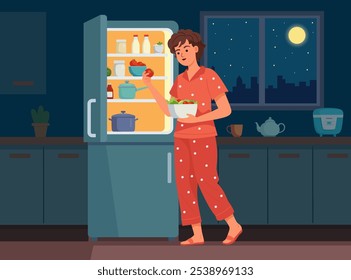 Comer à noite. Uma ilustração em estilo plano vetorial mostra uma mulher de pijama, iluminada por uma geladeira aberta em uma cozinha escura. Segurando uma tigela de salada, eles ficam ao lado da geladeira, procurando comida