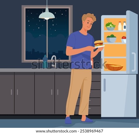 Eating at Night. A vector flat-style illustration shows a man in pajamas, illuminated by an open refrigerator in a dark kitchen. Holding a hamburger, they stand by the fridge, looking for food