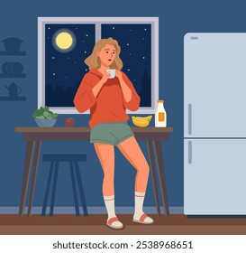 Comer à noite. A imagem vetorial, desenhada em um estilo plano, mostra uma mulher vestindo um suéter vermelho e shorts verdes em uma cozinha à noite, bebendo de uma xícara. A lua e as estrelas são visíveis através da janela