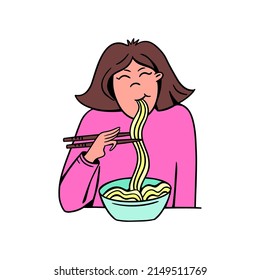 Eating noodles character illustration in cartoon style. Young girl eats noodles.