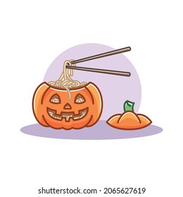 Eating noodles with chopsticks out of a halloween orange pumpkin with carved face, pumpkin with scary halloween face filled with noodles, eating with chopsticks illustrative colorful icon.