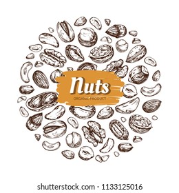 Eating Nut Label. Hand Drawn Nuts And Seeds Vector Emblem Isolated On White Background. Natural Drawing Nutshell Badge Illustration