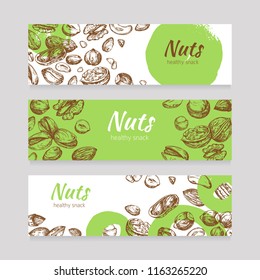 Eating Nuts And Seeds Banners. Healthy Food Banner Set In Engraving Style. Poster With Nuts Vintage Drawing, Vector Illustration