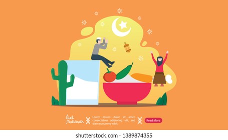 Eating on Ied feast party concept. Moeslem family dinner on Ramadan Kareem or celebrating Eid with people character. web landing page template, banner, presentation, social or print media