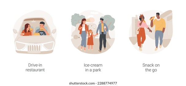 Eating on-the-go isolated cartoon vector illustration set. Drive-in restaurant, snacking in the car, happy family eating ice-cream in a park, snack on the go, fast food vector cartoon.