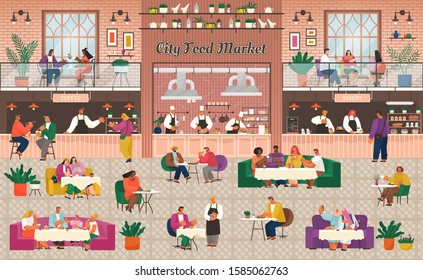Eating out in food market bakery and coffee departments. People eating out and drinking beverages outdoors. Eat in cafe restaurant or bar. Breakfast, lunch or dinner out. Cooks with customers