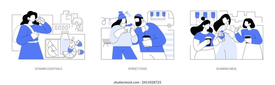 Eating out isolated cartoon vector illustrations set. Drinking vitamin cocktails outdoor, snacking with street food, sharing meal, fast food takeaway, people urban lifestyle vector cartoon.