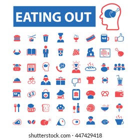 Eating out, restaurant concept icons: hotel services, menu, dining, pizza, bill, beer, cafe, fast food, cafeteria, beverage, hot dog, bbq, cooking, pub. Vector illustration