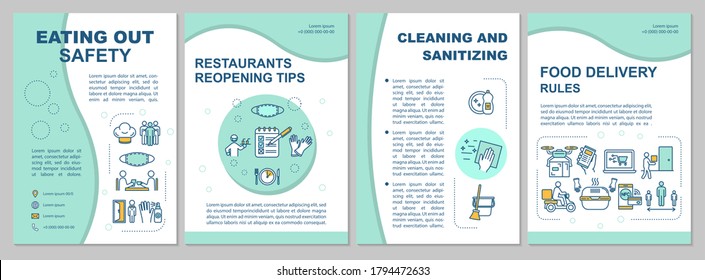 Eating out safety brochure template. Cleaning and sanitizing. Flyer, booklet, leaflet print, cover design with linear icons. Vector layouts for magazines, annual reports, advertising posters