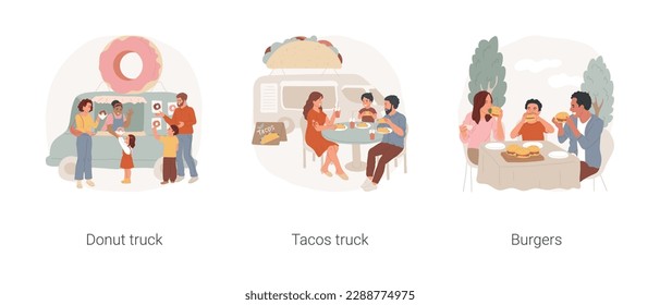 Eating outdoors isolated cartoon vector illustration set. Donut truck, small eatery business, sell tachos from van, takeaway burgers, street food festival, family eating outdoors vector cartoon.