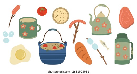 Eating outside vector elements set. Camping elements vector set. Hiking and camping kitchen set