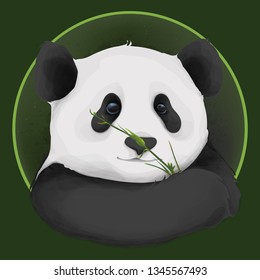Eating Panda. Animal with a bamboo branch. Vector illustration. Happy Panda