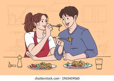 Eating pasta together concept. Young happy couple cartoon characters sitting at table eating fresh italian cuisine pasta noodles together vector illustration 