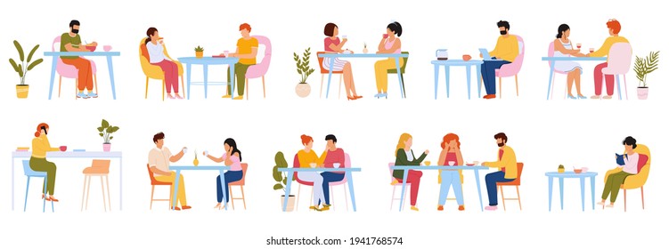 Eating people. Men and women eating meal in cafeteria, at home or restaurant, characters dining together. People eat food vector illustration set