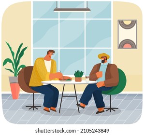 Eating person. Friends or business partners sitting in cafe or restaurant at table eating and drinking have dinner. Cheerful people male characters having fun, talking, communicating. Informal meeting